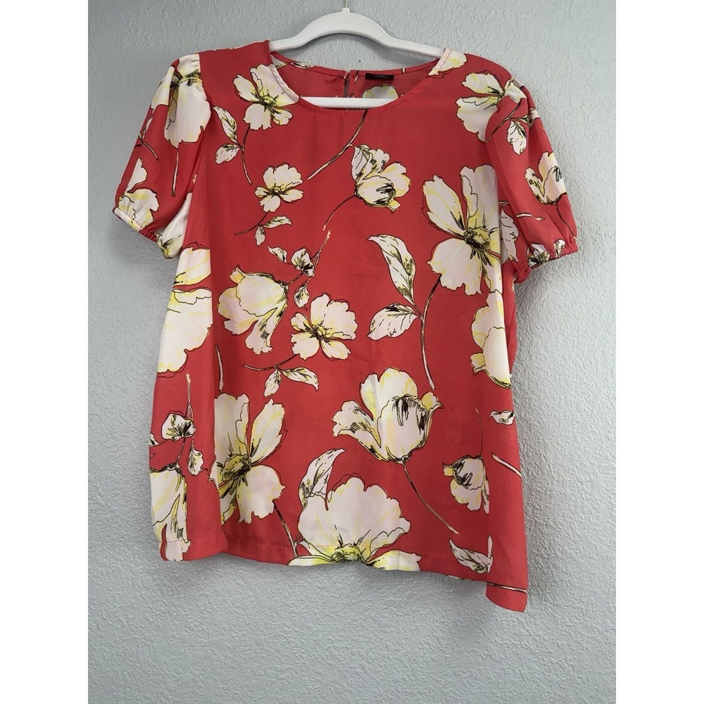 Worthington‎ Womens Blouse XL Short Sleeve Pink Floral Back Keyhole Top Shirt